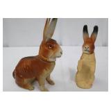 Antique German Hand-Painted Ceramic Rabbit Figurines - Pair, 7¼ in & 6½ in Tall