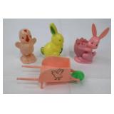 Vintage Hand-Painted Easter Figures with Pink Wheelbarrow - Mid-Century Lot of 4