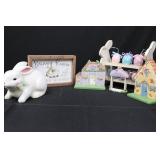 Midwest Easter Decor Lot - Porcelain Rabbit, Candy Shop, Gazebo & Cottage, Egg Ornament
