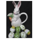 Ceramic Bunny Pitcher with Carrot Spout - 12.5 in Tall & 7 Wooden Decorated Eggs