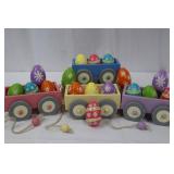 Wooden Egg Train Set - 4 Wagons, 17 Painted Eggs, 6 in long by 3 in wide