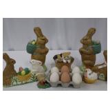 Ceramic Easter Bunny Figurines Lot - 2 Tall Brown Bunnies, 6 Eggs, 2 Kittens, Bunny & Rabbit Minis