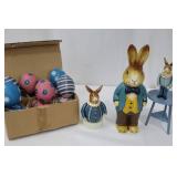 Wooden Easter Bunny Set - Tall 9.5 in, Small Movable Bunny, 3-Leg Table, Round Bunny 4.5 in