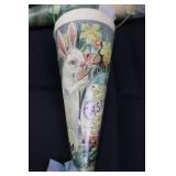 Vintage Easter Decor Lot - 6 Paper Cones, 3 Paper Pails, 1 Bucket, 2 Bunny Chairs