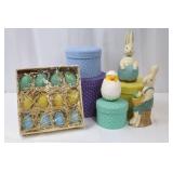 Pastel Easter Decor Set: Crate of 12 Eggs, Polka-Dot Gift Boxes, Bunny & Chick