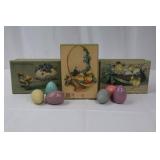 Vintage Easter Greeting Box Set - 3 Decorative Boxes & 6 Pastel Wooden Eggs