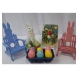 Two Rabbit Adirondack Chairs - Blue & Pink with Easter Decor & Painted Eggs