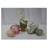 Handmade E. Smith Glass Easter Bunny Figurines with Basket & Pink Glass Dish
