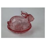 Handmade E. Smith Glass Easter Bunny Figurines with Basket & Pink Glass Dish