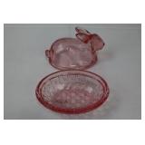 Handmade E. Smith Glass Easter Bunny Figurines with Basket & Pink Glass Dish