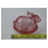 Handmade E. Smith Glass Easter Bunny Figurines with Basket & Pink Glass Dish