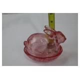 Handmade E. Smith Glass Easter Bunny Figurines with Basket & Pink Glass Dish
