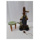 Wooden Rabbit on Cart with Metal Wheels - Folk Art Pull Toy & Round Table