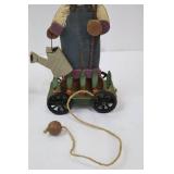 Wooden Rabbit on Cart with Metal Wheels - Folk Art Pull Toy & Round Table