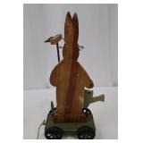 Wooden Rabbit on Cart with Metal Wheels - Folk Art Pull Toy & Round Table