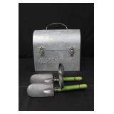 Garden Tools - Galvanized Toolbox with 2 Green-Handled Hand Trowels (Lot of 3)