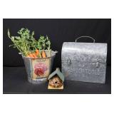 Galvanized Garden Tools Box - Seed Packet Bucket, Carrot Decor & Tiny Birdhouse