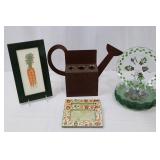 Garden Decor Set: 10 9-Inch Glass Plates, Carrot Print Frame, Brown Metal Watering Can with Tubes