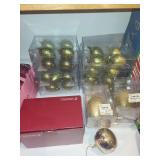 Collection of Orrefors Gold and Green Christmas Ornaments with Boxes and Nordstrom Bag