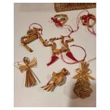 Collection of Scandinavian Straw and Wood Christmas Ornaments with Gold Box