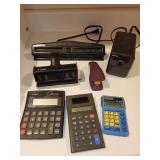 Mixed Lot of Office Supplies Including Calculators, Hole Punches, Stapler and More in Storage Drawer