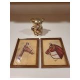 Lot of 2 Framed Horse Paintings, Silver-Colored Bear Bank, and Wood Magazine Holder
