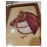 Lot of 2 Framed Horse Paintings, Silver-Colored Bear Bank, and Wood Magazine Holder