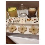 Collection of Decorative Candles, Matches, and Kither & Co. Blue Table Clock