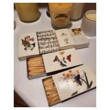 Collection of Decorative Candles, Matches, and Kither & Co. Blue Table Clock