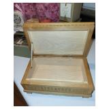 Decorative Home Decor Assortment Including Carved Wooden Box, Aynsley Clock, Candles, and Collectibles