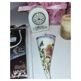 Decorative Home Decor Assortment Including Carved Wooden Box, Aynsley Clock, Candles, and Collectibles