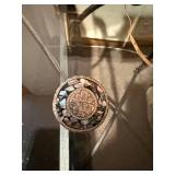 Circular Mosaic Inlay Pendant Necklace on Silver Chain - Includes Ornate Jewelry Box