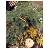 Autumn Harvest Wreath with Cream & Frosted-Blue Pumpkins - Pinecones & Berries