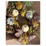 Autumn Harvest Wreath with Cream & Frosted-Blue Pumpkins - Pinecones & Berries