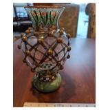 Mackenzie-Childs Glass Vase Hand-Painted Floral Copper Lattice 10.75 in Tall