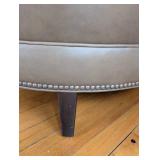 Ethan Allen Round Tufted Leather Ottoman - Brown Leather, Nailhead Trim