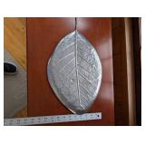 Leaf-Shaped Silver Metal Decorative Plate - Large Tray, ~13 in Long