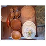 California Redwood Pineapple Wood Bowls Set with Floral Plates & Carved Round Platter