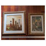 Framed Landscape Paintings - Tower Cityscape & Tree Courtyard (Pair)