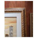 Framed Landscape Paintings - Tower Cityscape & Tree Courtyard (Pair)