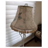 Vintage Floral Floor Lamp with Fringe Shade - Cream Iron Stand, Cottage Chic