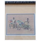 Bayol Signed Framed Artwork - Street Vendors with Bicycles and Carts