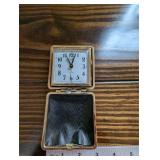 Elgin Travel Alarm Clock - Gold Tone Square with Leatherette Case