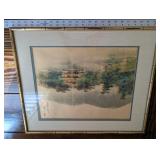 Chinese Landscape Painting with Pagoda in Bamboo Frame - Framed Wall Art