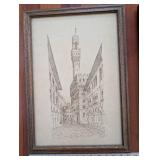 Framed Pencil Sketch of European Cityscape with Cathedral