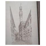 Framed Pencil Sketch of European Cityscape with Cathedral