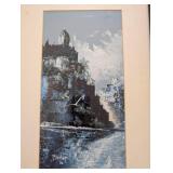 Framed Lake Landscape Painting - Blues, Trees & Sky