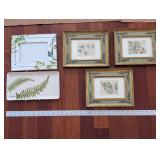 Framed Botanical Prints in Ornate Green & Gold Frames (Set of 4) & Ceramic Fern Tray