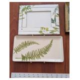Framed Botanical Prints in Ornate Green & Gold Frames (Set of 4) & Ceramic Fern Tray