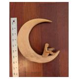 Hand-Carved Wood Wall Art Set - Crescent Moon Figure Reading, Harbor Scene Panel, Framed City Photo